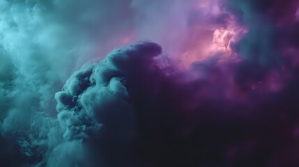 Wall Mural - thick smoke billowing gently, catching purple and teal light beams in a moody cinematic setup