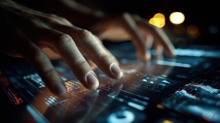A close-up shot captures hands interacting with a digital interface, possibly a mixing console or a control panel, surrounded by atmospheric bokeh lights.