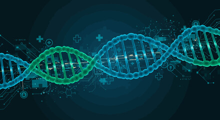 A blue and green DNA helix against a dark techthemed background