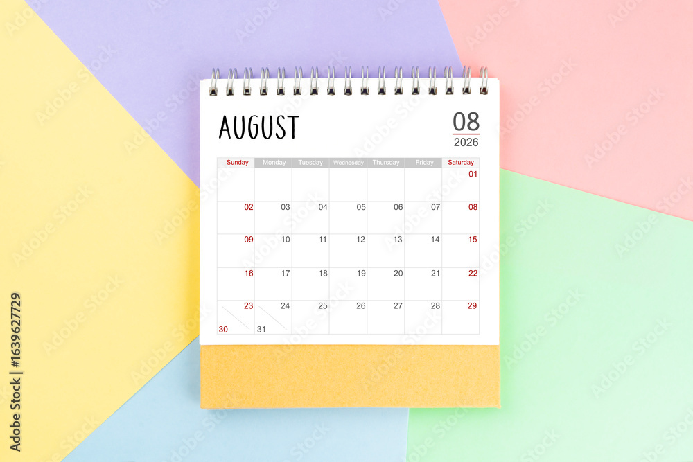 August 2026 month desk calendar for 2026 year on colorful background ...