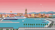 © David - Cruise ships docking at the beautiful port of malaga spain illustration vibrant sunset panoramic view travel concept. Vector illustration