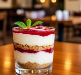 Decadent layered berry dessert with fresh mint garnish in elegant glass