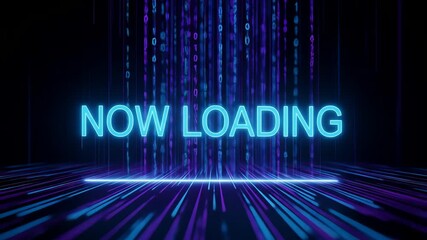 A digital loading screen graphic with a now loading message on a futuristic background with lines and binary code for use in tech and development