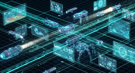 Futuristic Network with Spaceships, Drones, and Holographic Displays on a Grid on transparent background
