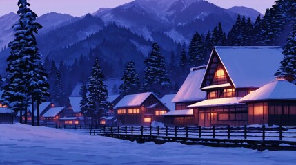 Wall Mural - serene winter village nestled in snowy mountains during twilight, with warm lights glowing from cozy