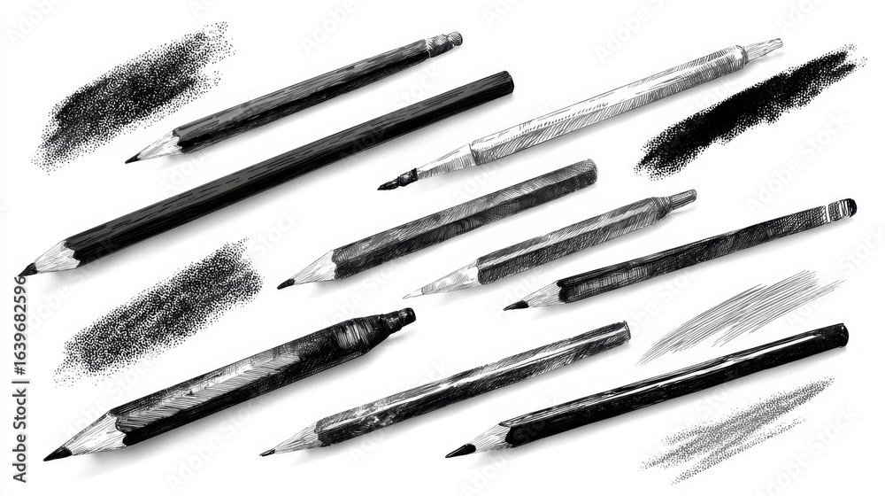 An assortment of drawing tools, including pencils of varying sizes and ...