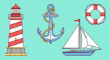 Nautical themed vector illustration featuring lighthouse, anchor, sailboat and lifebuoy