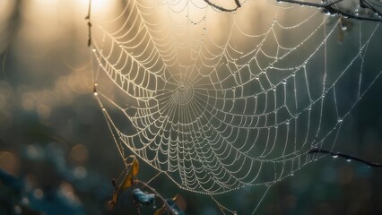 Dew-kissed spiderweb in sunrise