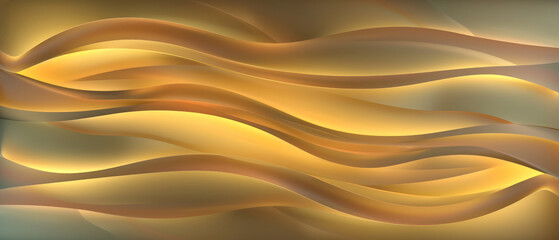 Wall Mural - Golden Smooth Waves glowing light background wall flow curve long line horizontal.