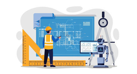 architect and robot collaborating on house blueprint with tools of trade