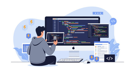 Debugging challenges, coder working on a bug, software developing coding