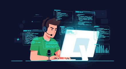 software developer coding with multiple screens creating digital solutions
