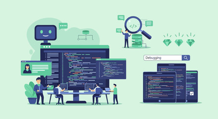 Software engineering team debugging code on multiple platforms illustration