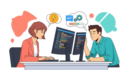 Two cartoon developers coding on computers with thought bubbles concept