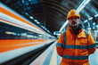 © Alina - Caucasian male railway worker in safety gear at high-speed train station