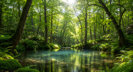  Serene emerald forest reflected in a tranquil stream, the canopy casting dappled sunlight, creating a vibrant tapestry of greens and blues with lush ferns and moss-covered banks enhancing its