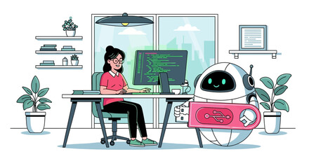 AI assistant helps programmer with coding in modern office illustration