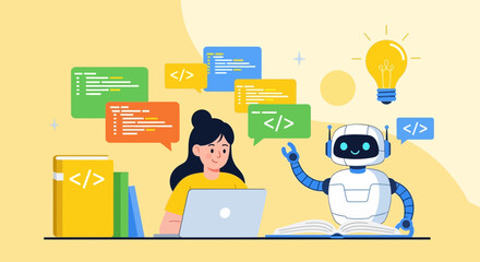 Creative collaboration of woman coder and robot for innovative learning
