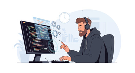 Creative developer with headphones coding on the computer during work time