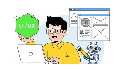 Illustrative UI/UX Designer Workflow with Laptop and Robotic Assistant