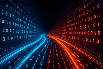 Digital stream of binary code glowing blue and orange data technology