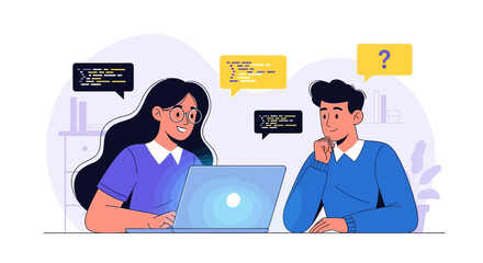 Two programmers collaborating on code with a laptop and brainstormings