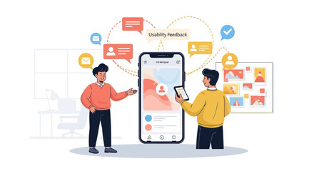 User Experience (UX) designers collaboratively review app interface feedback