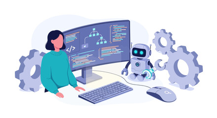 Coding collaboration: Woman, robot, and gears working on software development