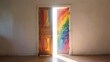 © Autism in Focus - Wooden doors painted with rainbow colors opening to bright light concept of neurodiversity inclusion opportunity and positive future