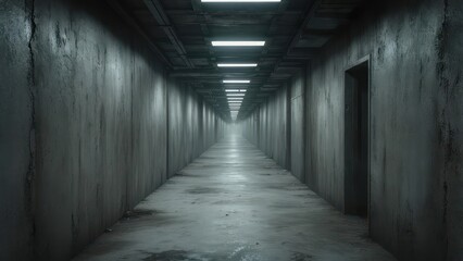 Long, dark concrete hallway