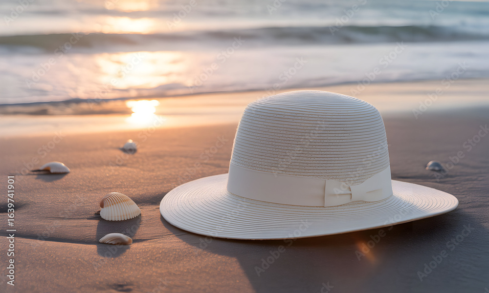 Topi putih, di atas air, A stylish white straw hat rests peacefully on ...