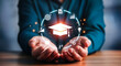 © Muin - Hands holding a glowing graduation cap surrounded by icons representing various aspects of education and professional development, symbolizing knowledge and future opportunities