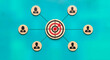 © Muin - Central target with an arrow hitting the bullseye, connected to a network of six people icons, symbolizing business strategy, teamwork, and achieving common goals