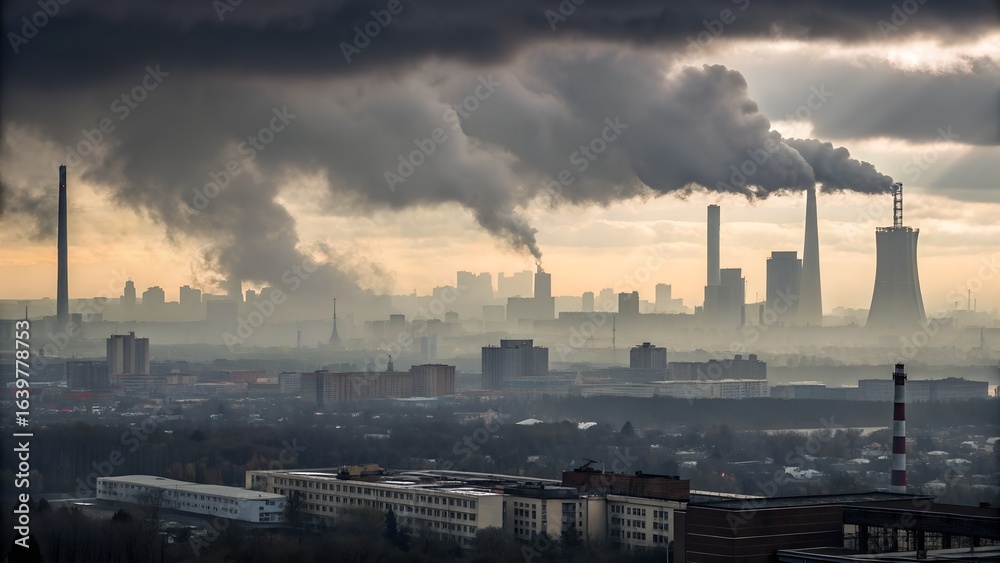 Industrial city skyline with thick smoke and pollution rising from ...