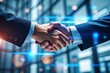 © Rubel - Business partners shaking hands in agreement with blue light effects handshake partnership