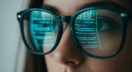 Woman programmer coding software development technology future digital innovation glasses reflection screen code lines