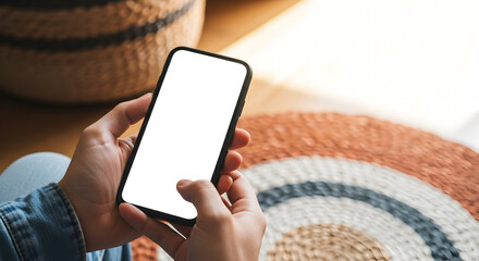 Person using smartphone with blank screen mockup modern technology device app interface design website development mobile application digital marketing social media communication online connectivity