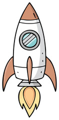 Wall Mural - Cartoon rocket launch on white: Cute spaceship blasts off, flames ignite for flight