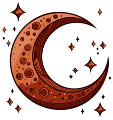Wall Mural - crescent moon with craters and star cluster illustration, simple space graphic elements