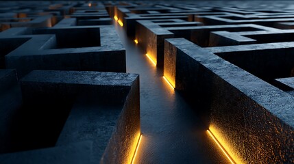 Dark maze with glowing path isolated on white background