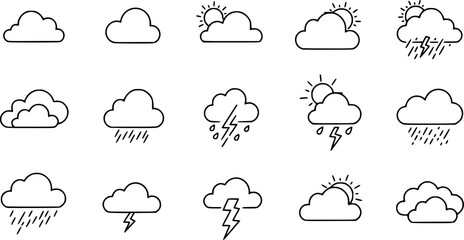 Set of clouds in a linear style. Cloud in line or outline collection. Vector illustration.
