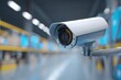 © Alohanongza - A modern security camera is mounted indoors, monitoring a brightly lit industrial or warehouse environment with shelves and storage boxes