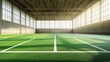 © An - An empty indoor sports field with green artificial turf and a white net in the corner.
