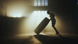 © Videophilia - Determined athlete pushing large tire in smoky gym during intense functional training workout