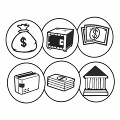 hand drawn finance and money icons in circle frames, isolated on white background