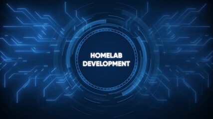 Animated homelab development concept with circuit board technology on dark blue background