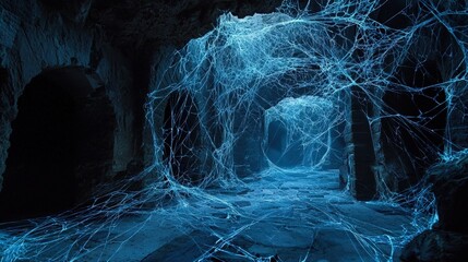 Intricate, glowing cobwebs fill a dark, ruined cavern.