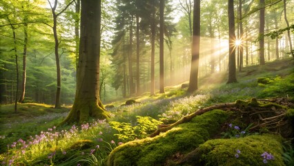  Sunlight filtering through the serene green forest illuminates mossy rocks and wildflowers in a peaceful woodland scene.