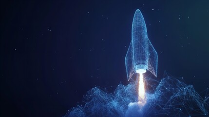 Digital rocket launching with blue wireframe design and smoke against a dark starry background