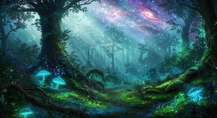Cosmic nebula in deep blue space with bright stars and a swirling water pattern